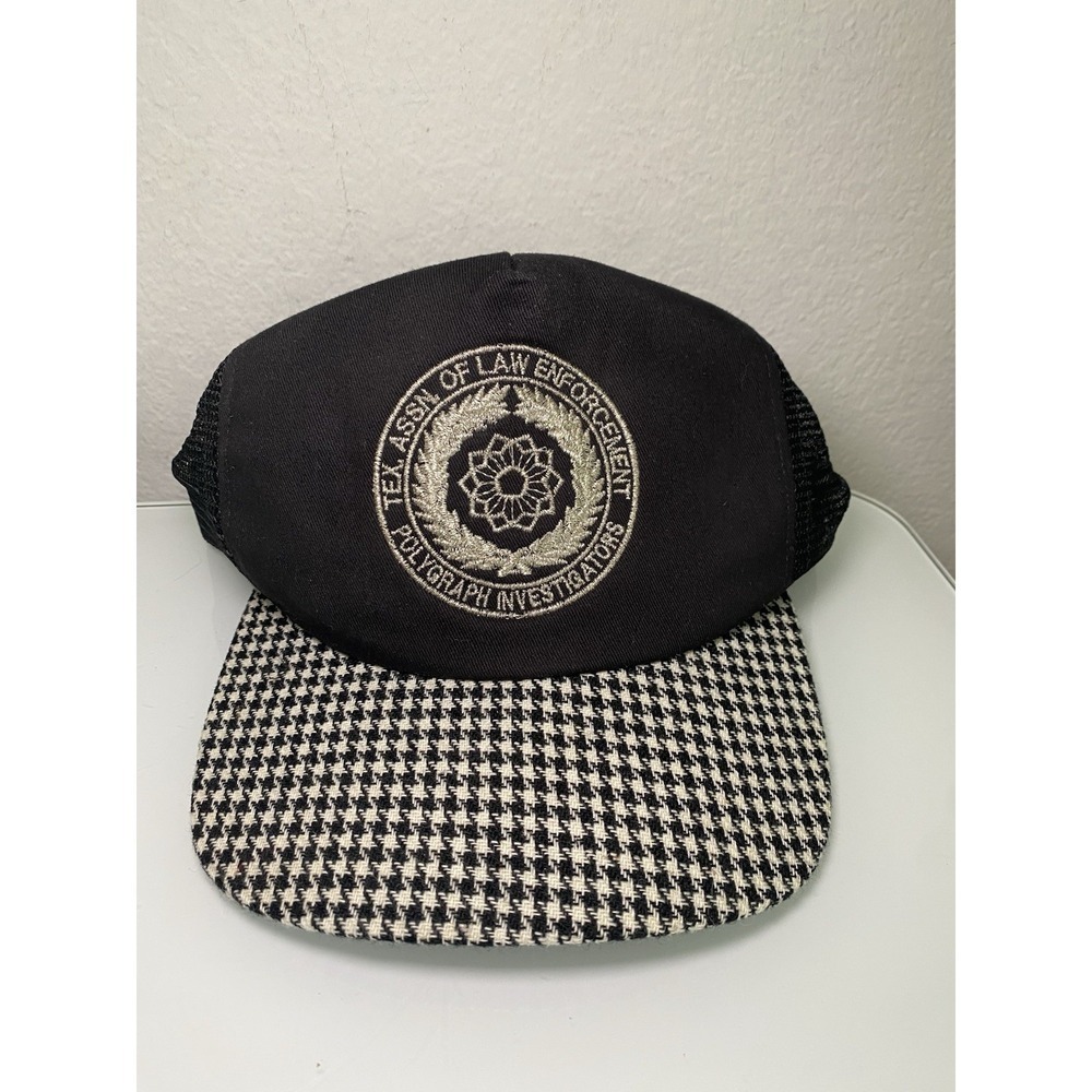 Vintage Trucker Hat Checkered Black White Texas Polygraph Investigator Snap Back